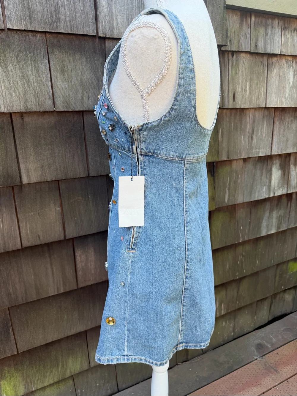 ZARA blue denim mini dress with rhinestones sleeveless Sz M NWT. - Picture 7 of 11